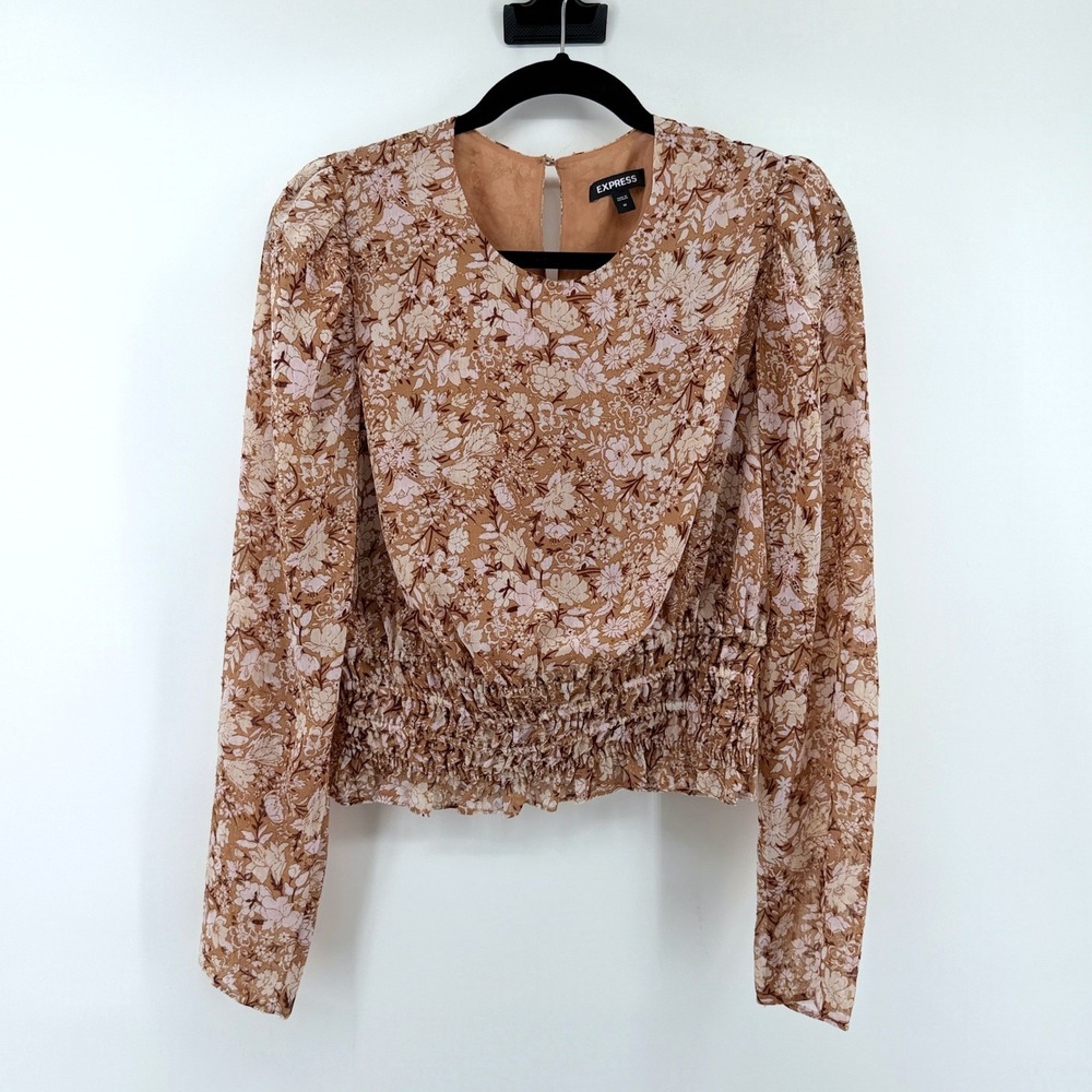 Express Blouse Smocked Waist Medium Brown Womens Floral Metallic Long Sleeve Top